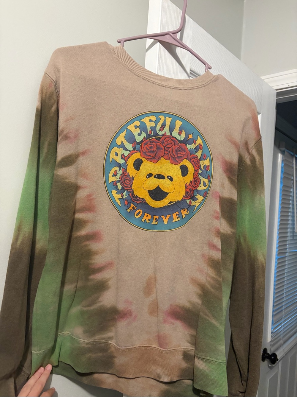 Grateful Dead Tan, Green and Yellow Tie-Dye Crewneck with Bear Graphic
